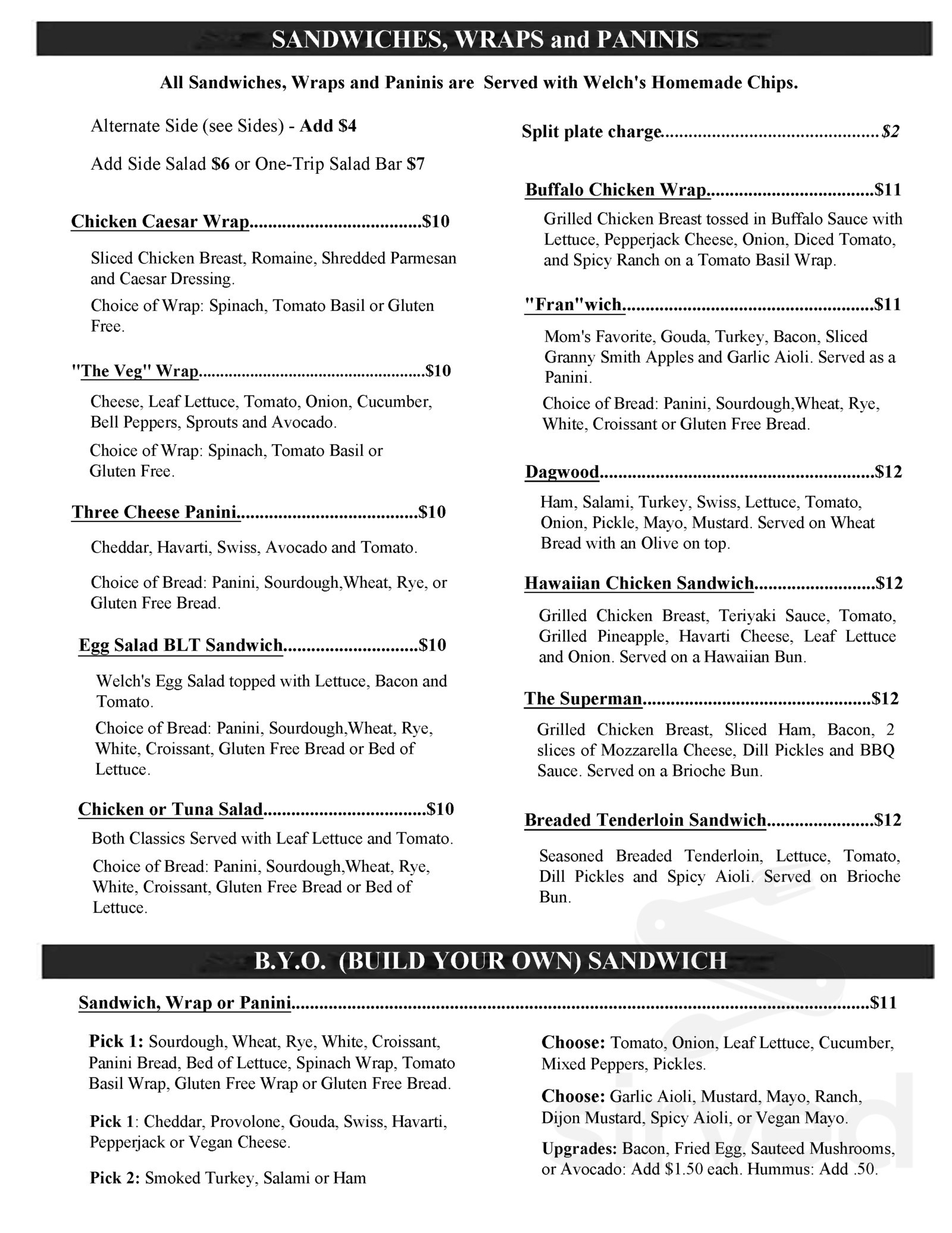 Welch's Ale House menu in Fort Wayne, Indiana, USA
