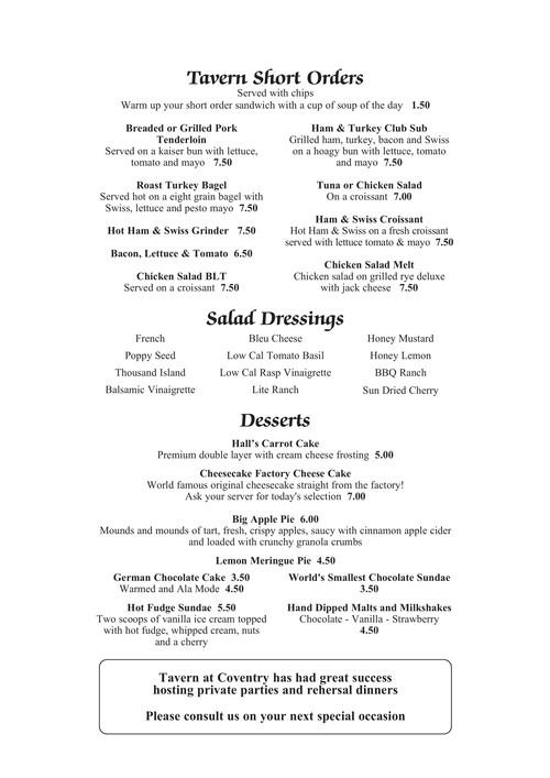 Hall's Tavern at Coventry menu in Fort Wayne, Indiana, USA