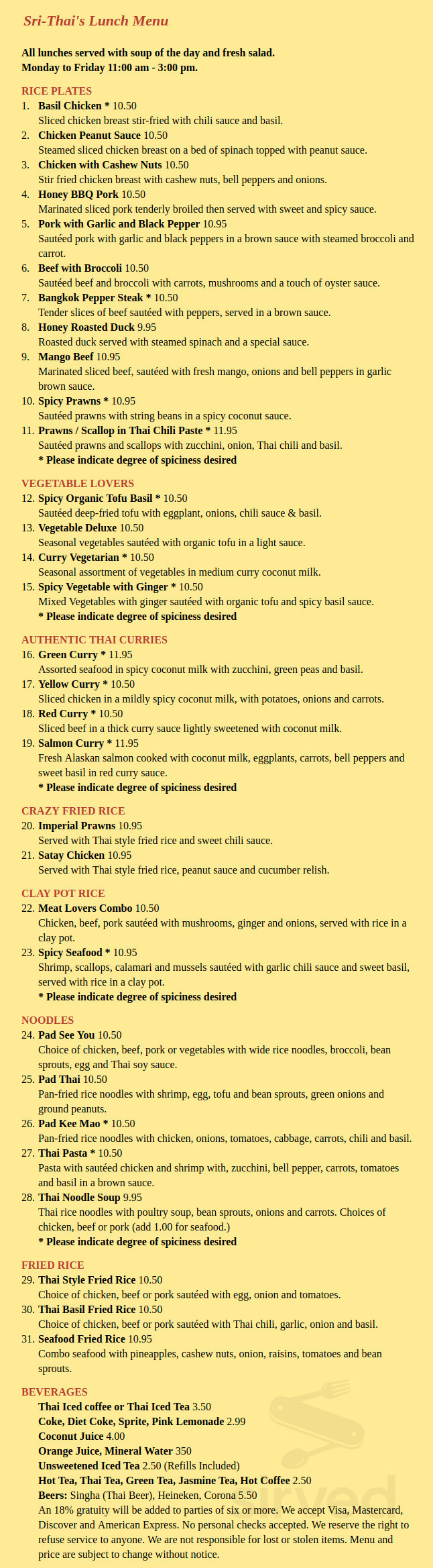 SriThai menu in Dublin, California, USA