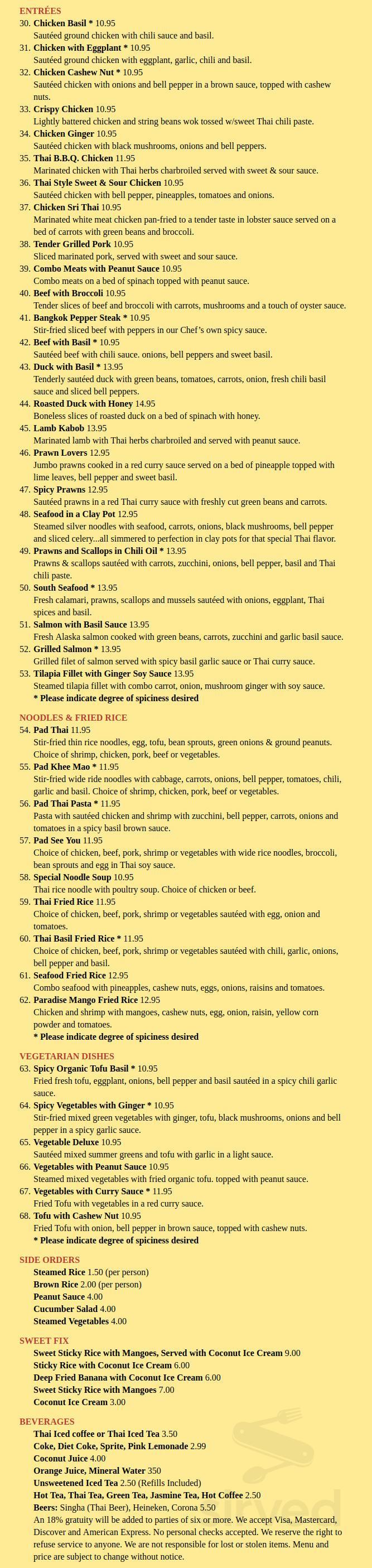 SriThai menu in Dublin, California, USA