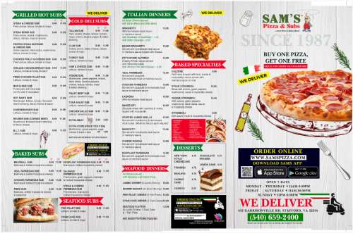 Sam's Pizza & Subs menu in Fredericksburg, Virginia, USA