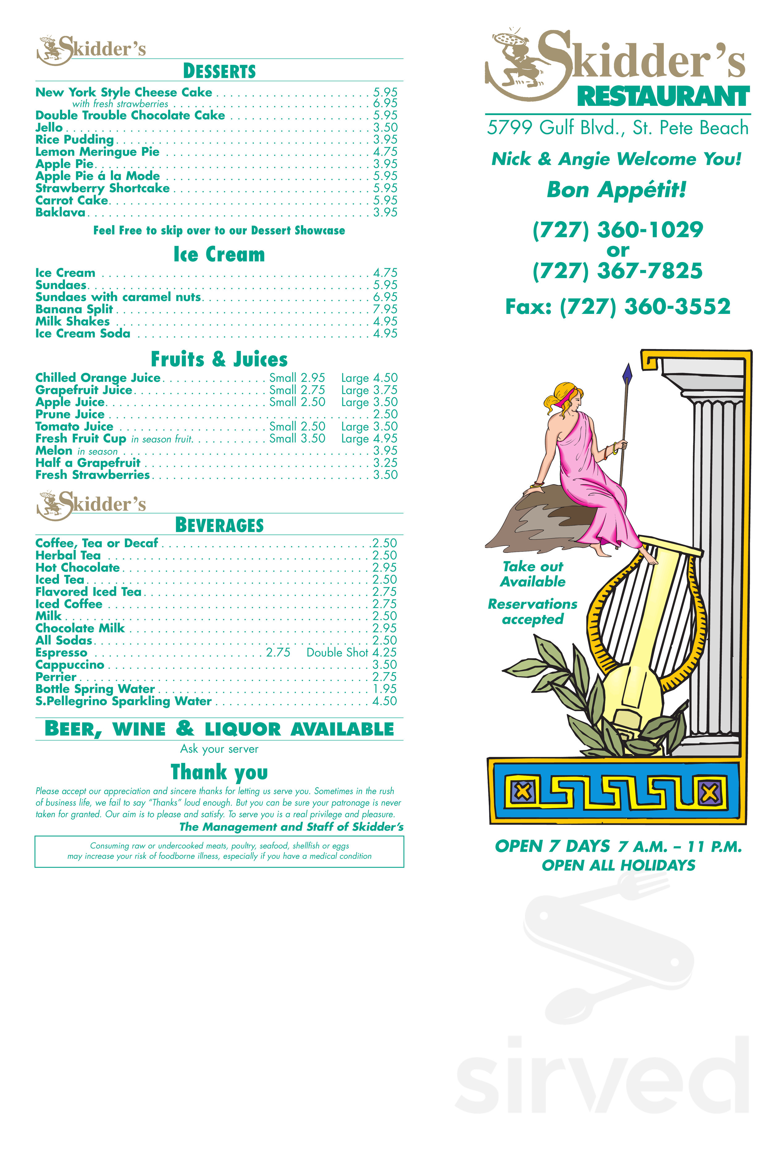 Skidders Restaurant menu in St Pete Beach, Florida, USA