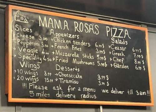 Mama Rosa's Pizza menu in Tampa, Florida, USA