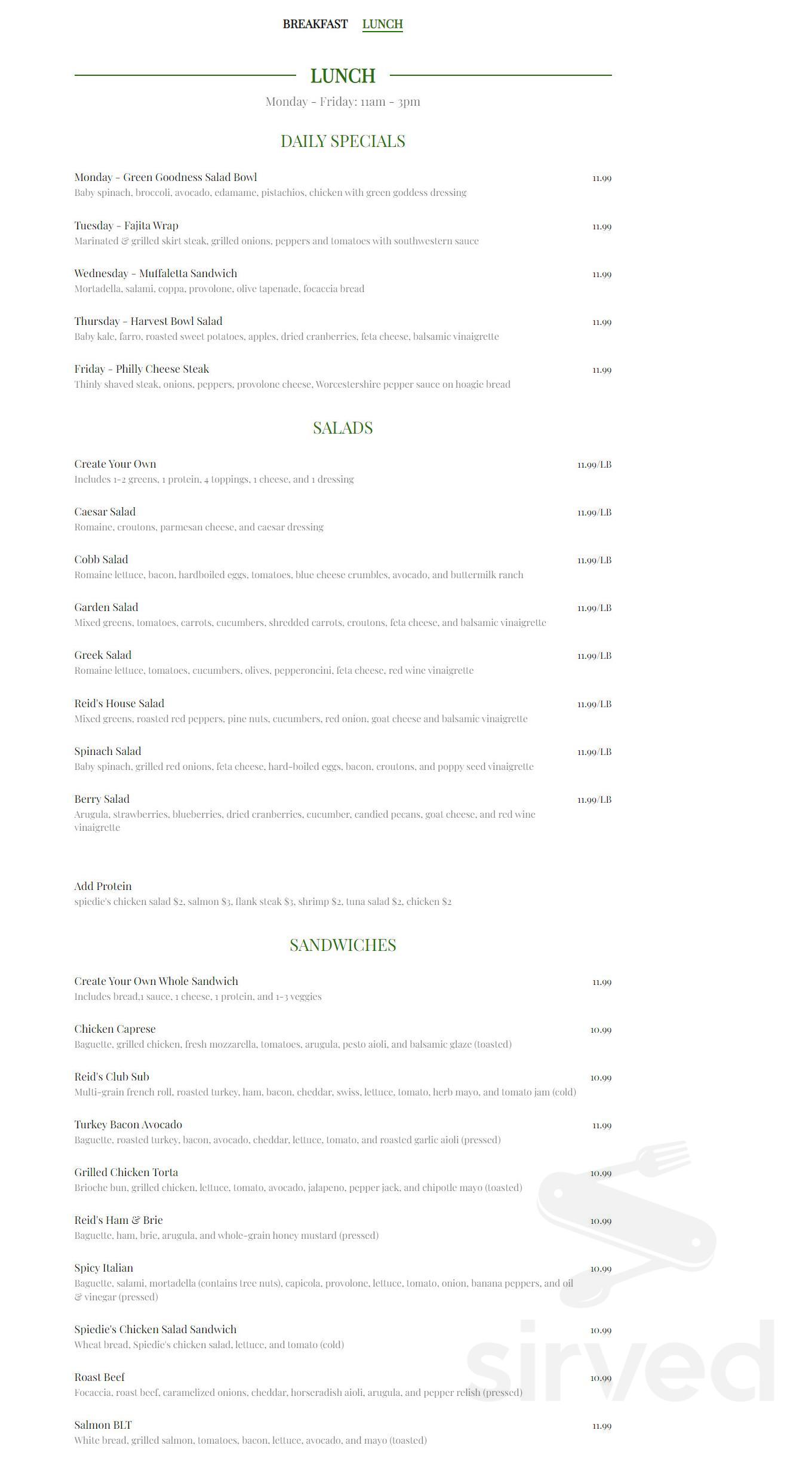 Reid's Fine Foods menu in Charlotte, North Carolina, USA
