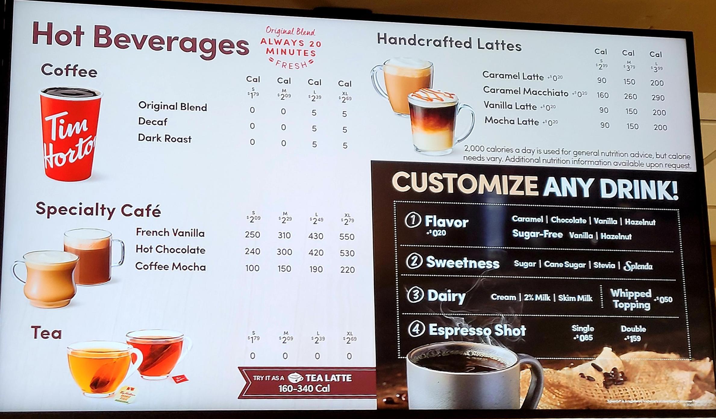 Tim Hortons menu in Webster, New York, USA