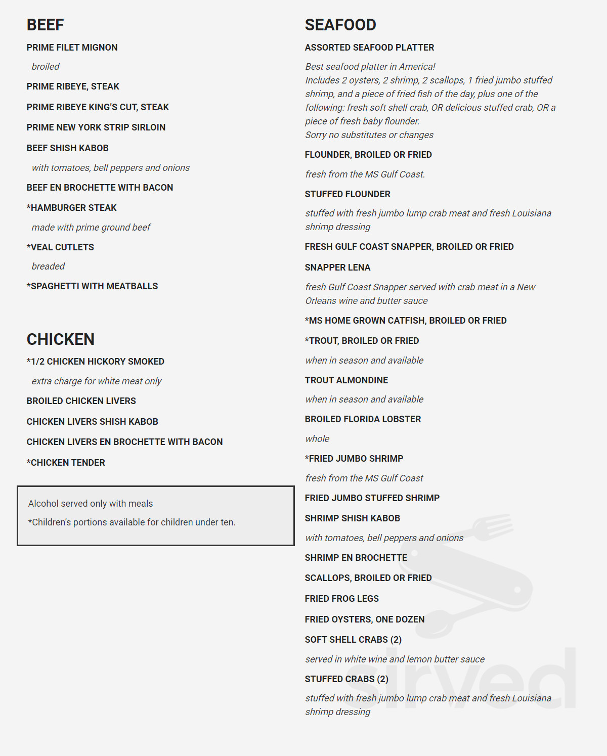 Crechale's menu in Jackson, Mississippi, USA