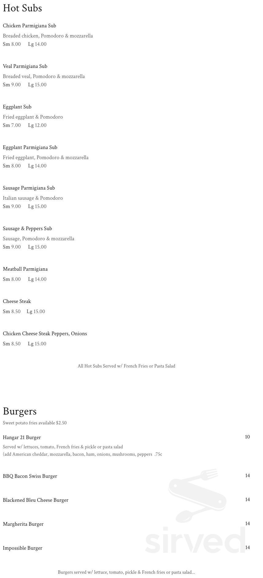 Hangar 21 Tavern menus in Lakehurst, New Jersey, United States