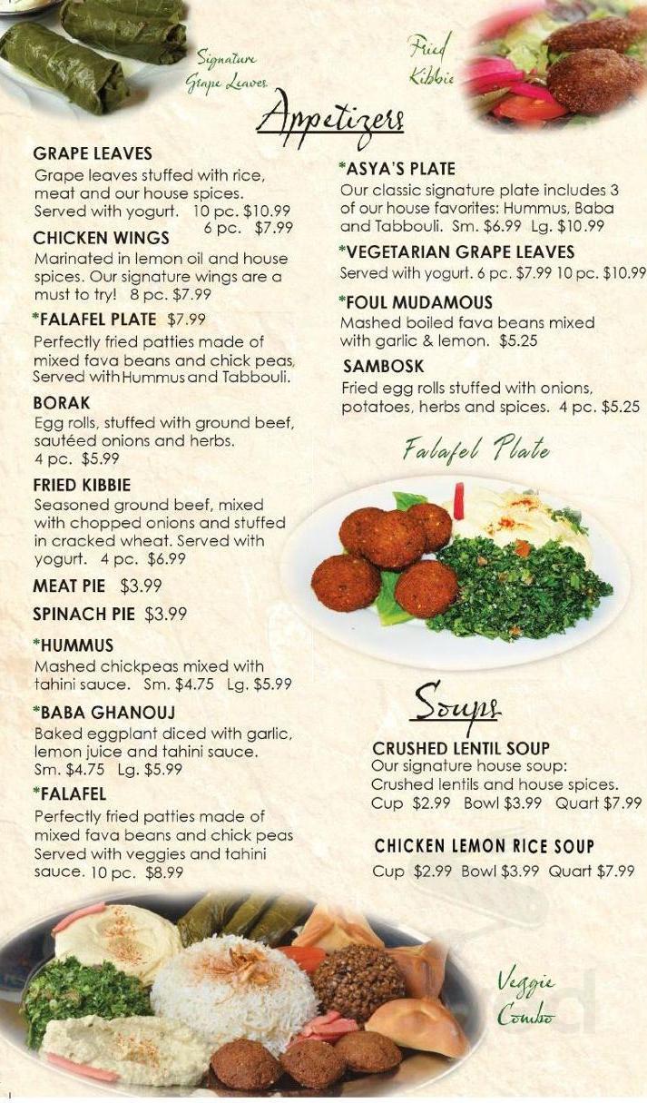 Asya Middle Eastern Cuisine menu in Madison Heights, Michigan, USA
