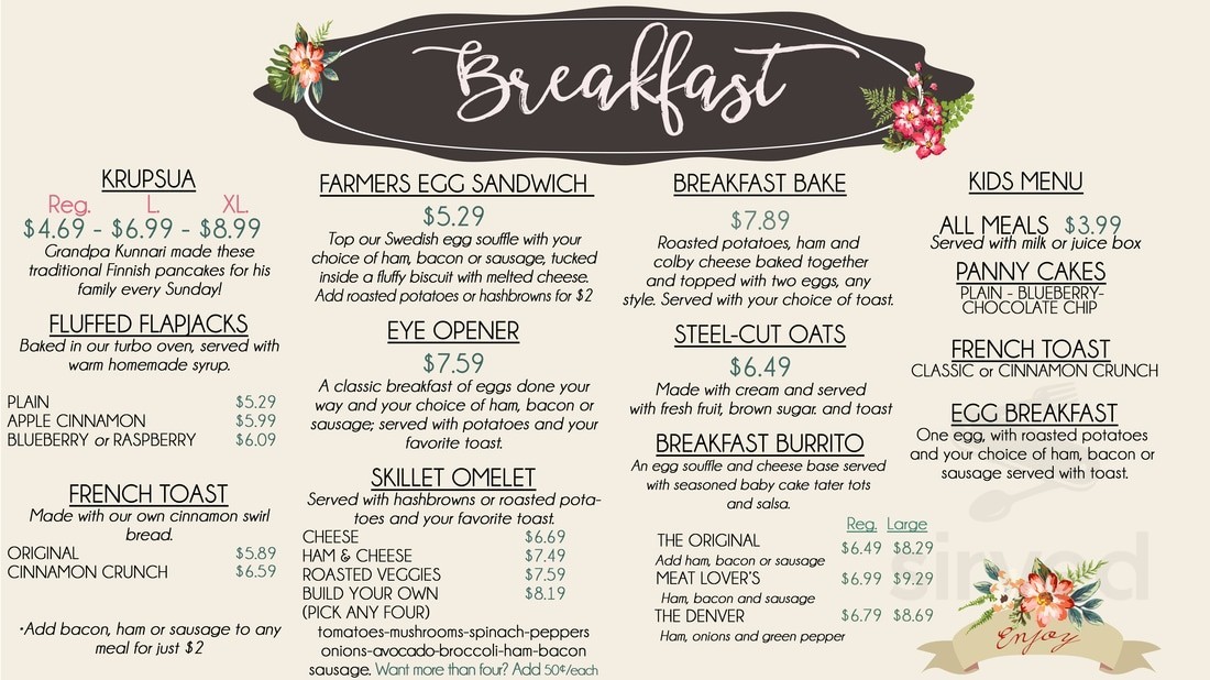 Kunnari's Farm Market breakfast menu in Virginia, Minnesota