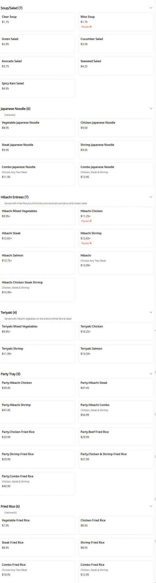 Fuji Hibachi Express menu in Lakeland, Florida, USA