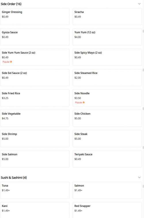 Fuji Hibachi Express menu in Lakeland, Florida, USA