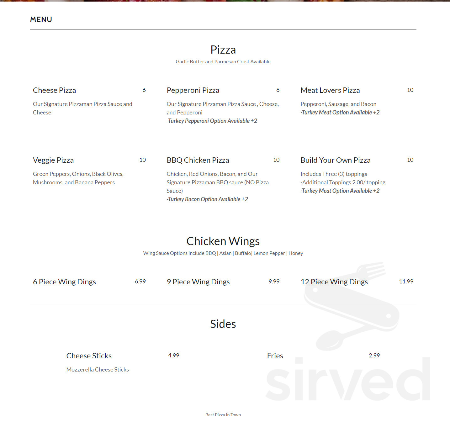 Pizzaman Pizza menu in Highland Park, Michigan