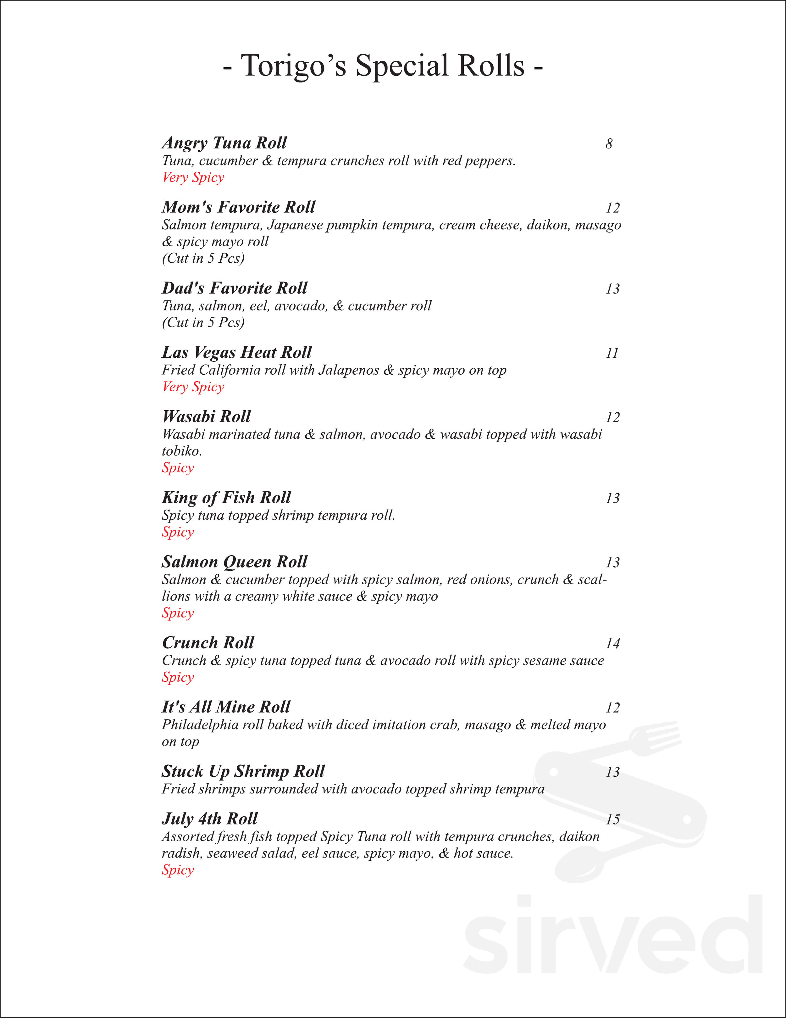 Torigo menu in Floral Park, New York, USA