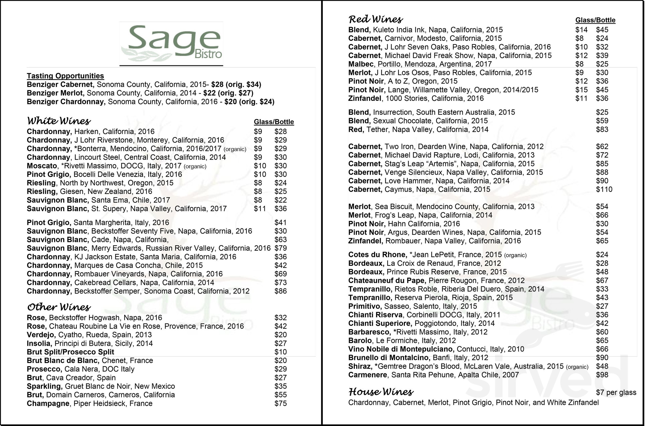 Sage Bistro menu in Cape Canaveral, Florida, USA