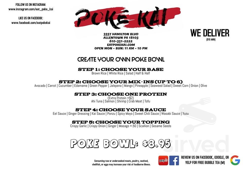 Poke Kai menu in Allentown, Pennsylvania