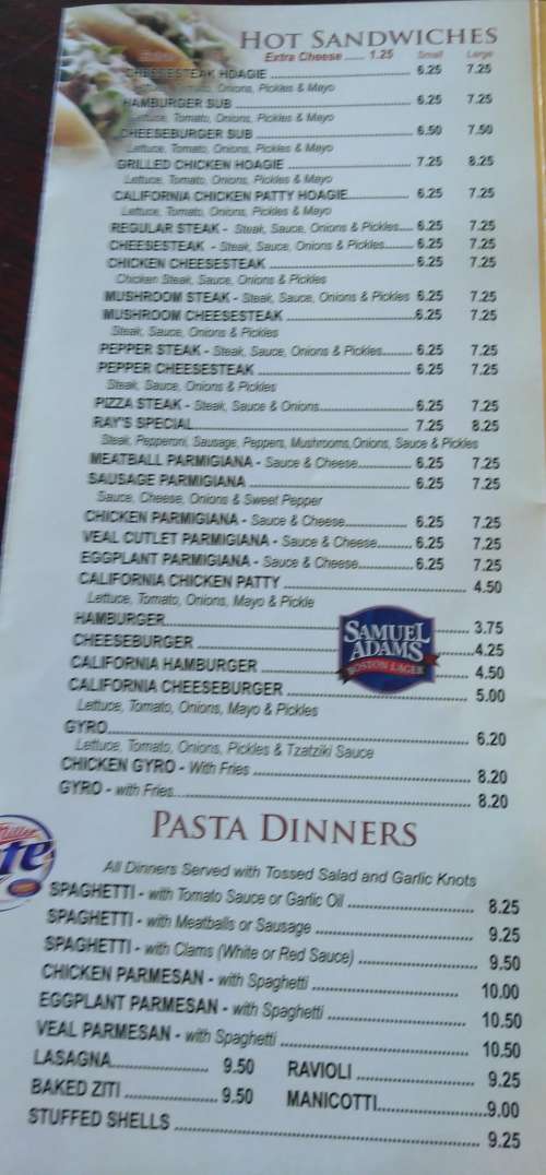 Ray's Famous Pizza menu in Allentown, Pennsylvania, USA