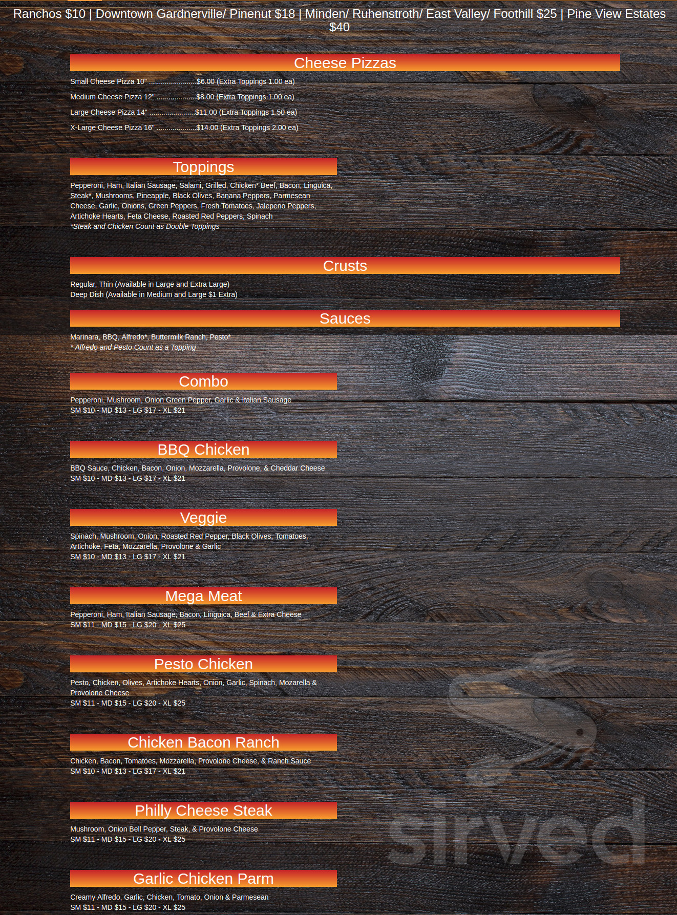 Pronto Pizza menu in Gardnerville, Nevada, USA