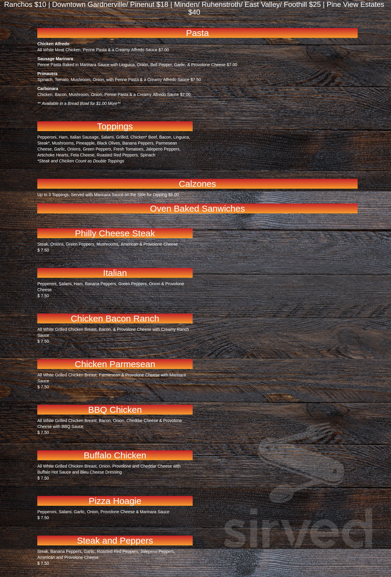 Pronto Pizza menu in Gardnerville, Nevada, USA