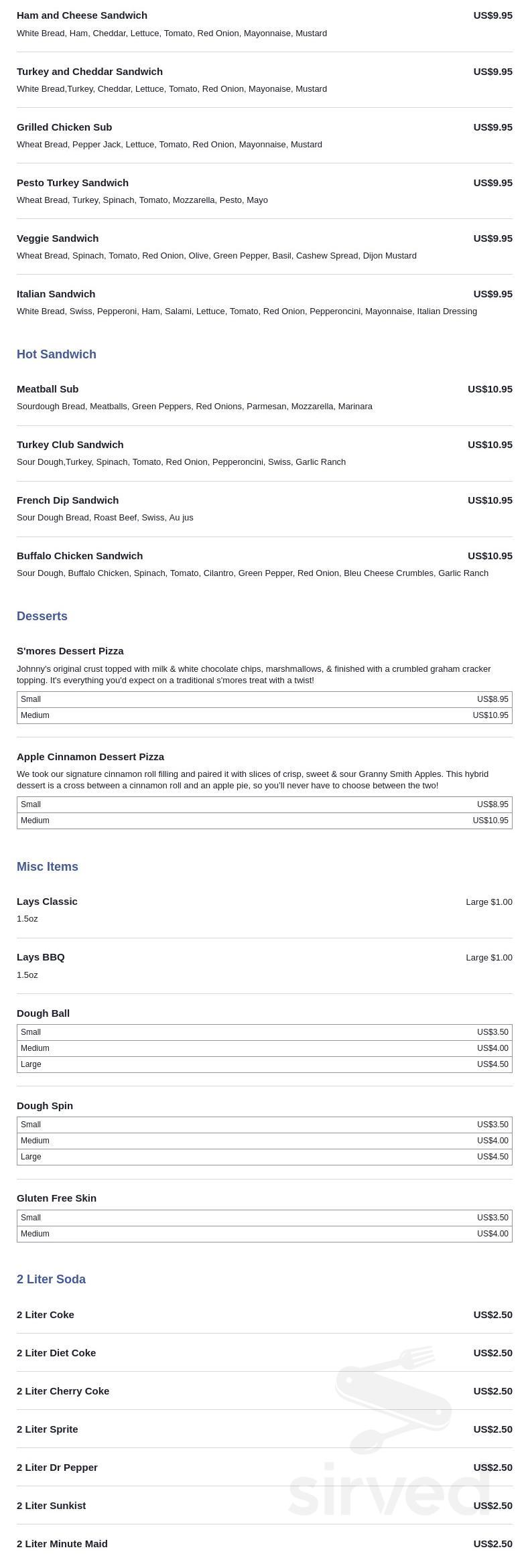 Johnny's Take & Bake Pizza menu in Tehachapi, California