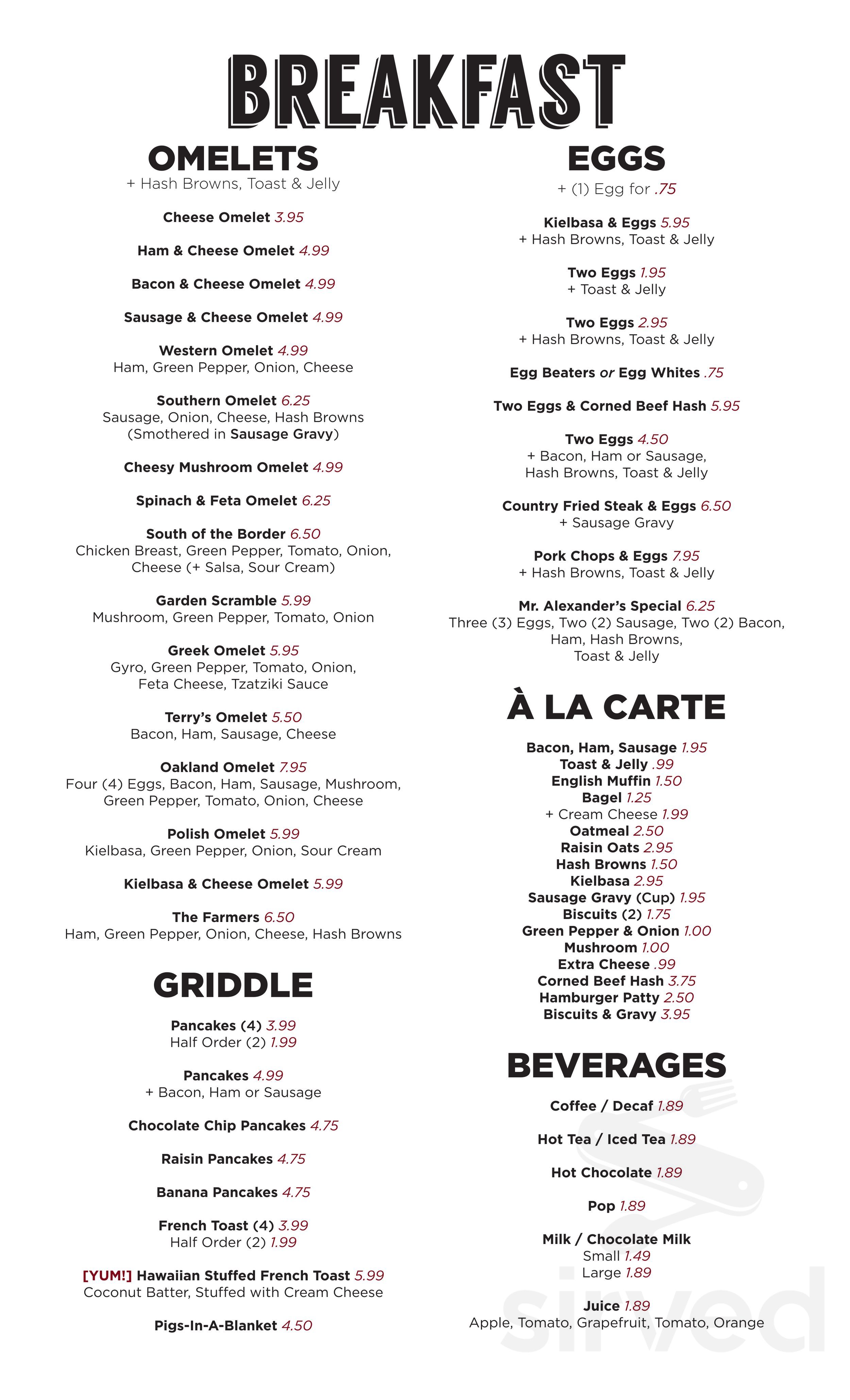 Alexander's Polish American Restaurant breakfast menu in South Lyon, Michigan