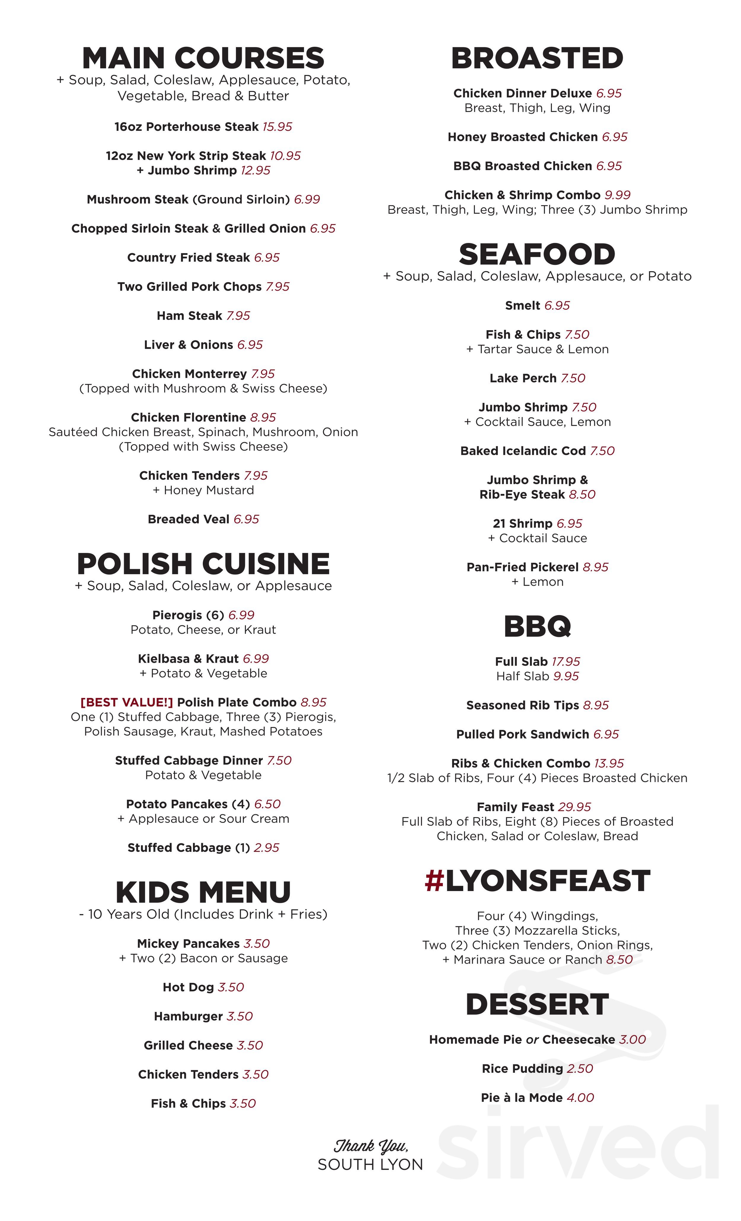 Alexander's Polish American Restaurant menu in South Lyon, Michigan