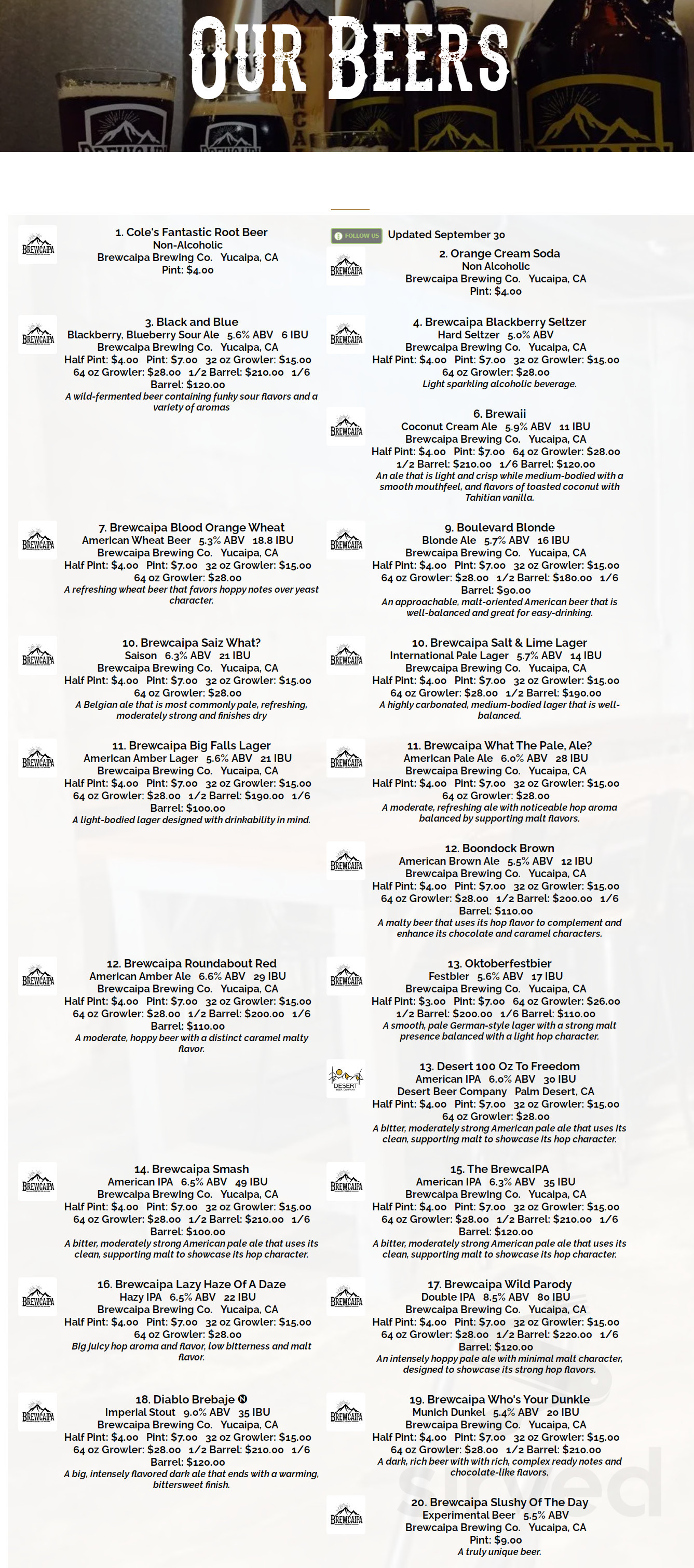 Brewcaipa Brewing Company menu in Yucaipa, California, USA
