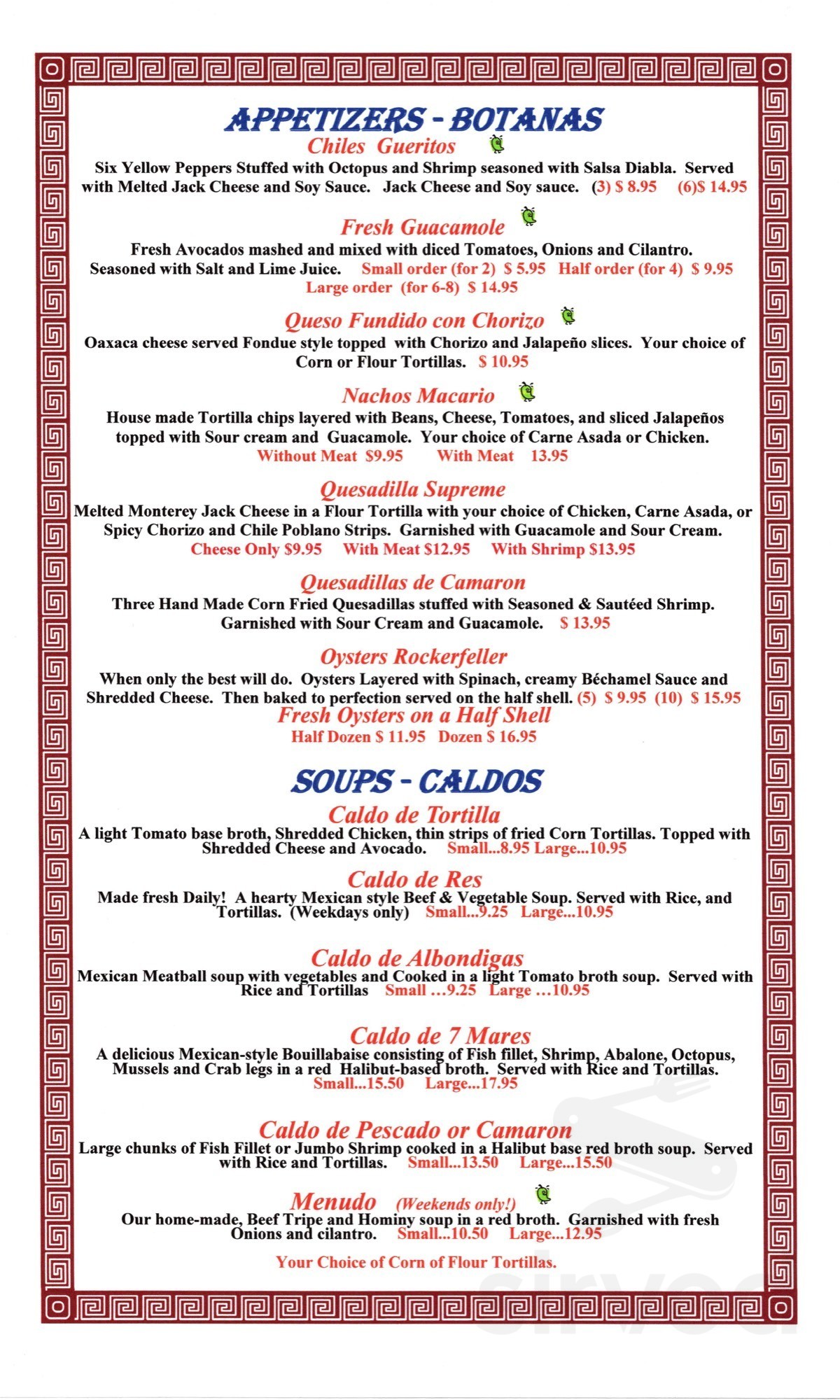 Macario's Grill menu in Indio, California, USA