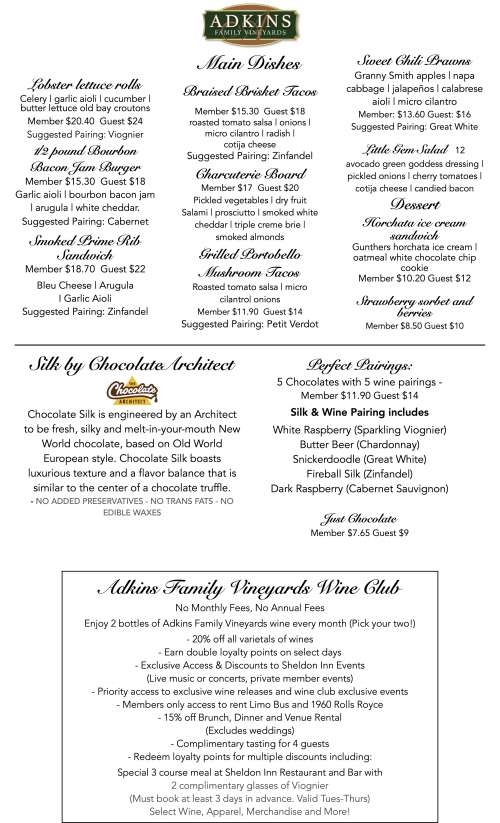 Adkins Family Vineyards menu in Elk Grove, California, USA