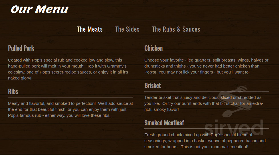 Pop Pop's BarBQ menu in Danville, Pennsylvania