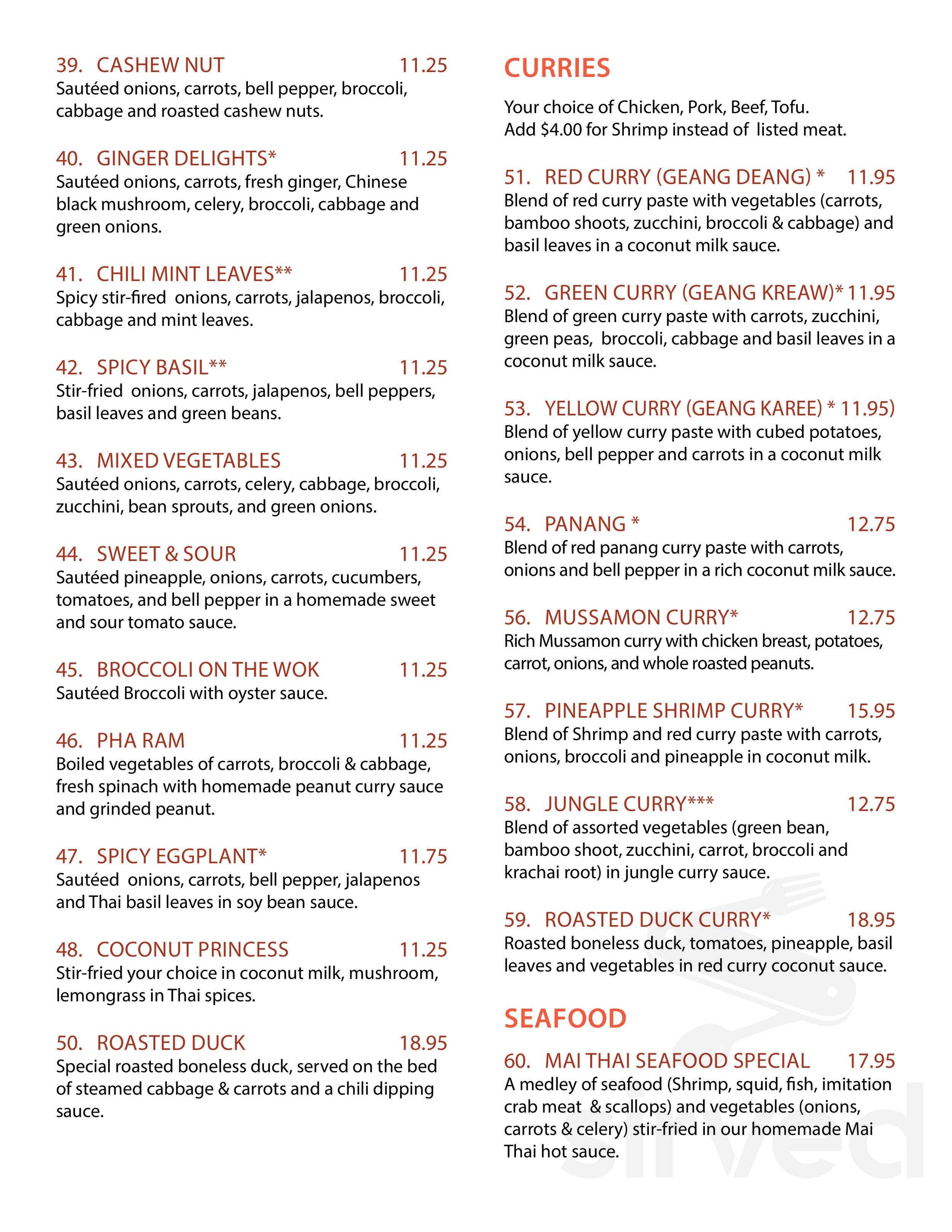 Mai Thai On Main menu in Cottonwood, Arizona, USA