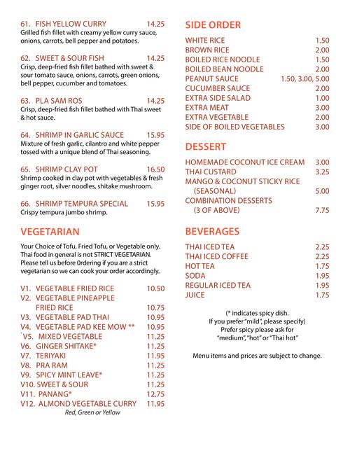 Mai Thai On Main menu in Cottonwood, Arizona, USA