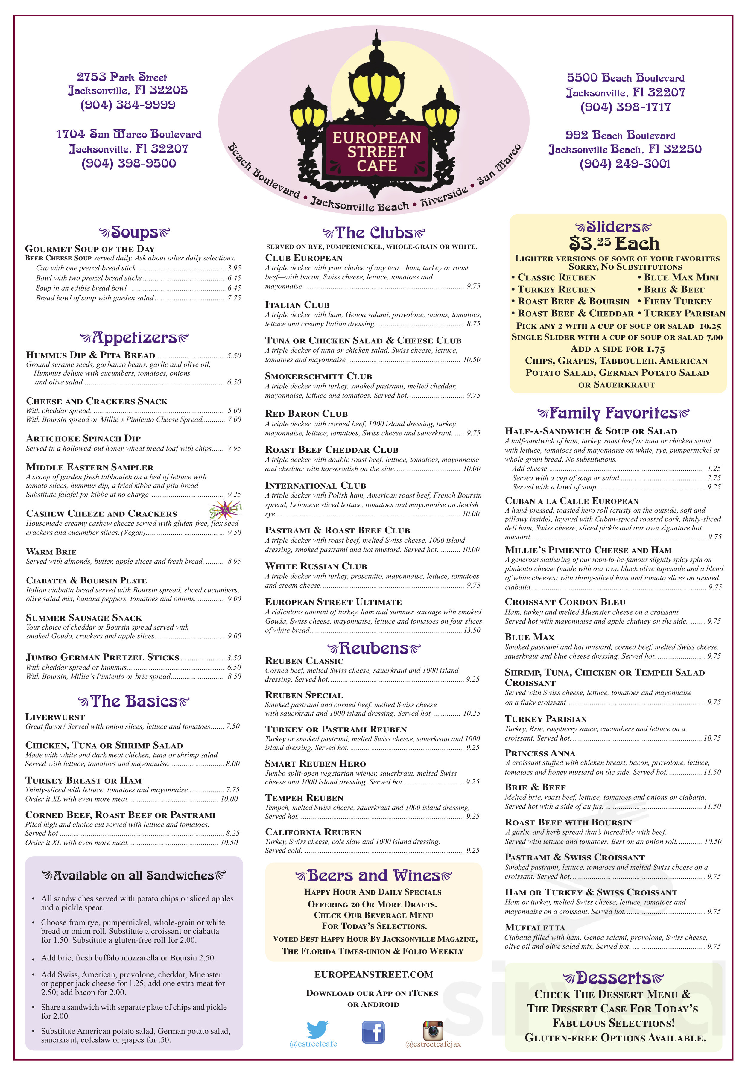 European Street Cafe Menus In Jacksonville Florida United States