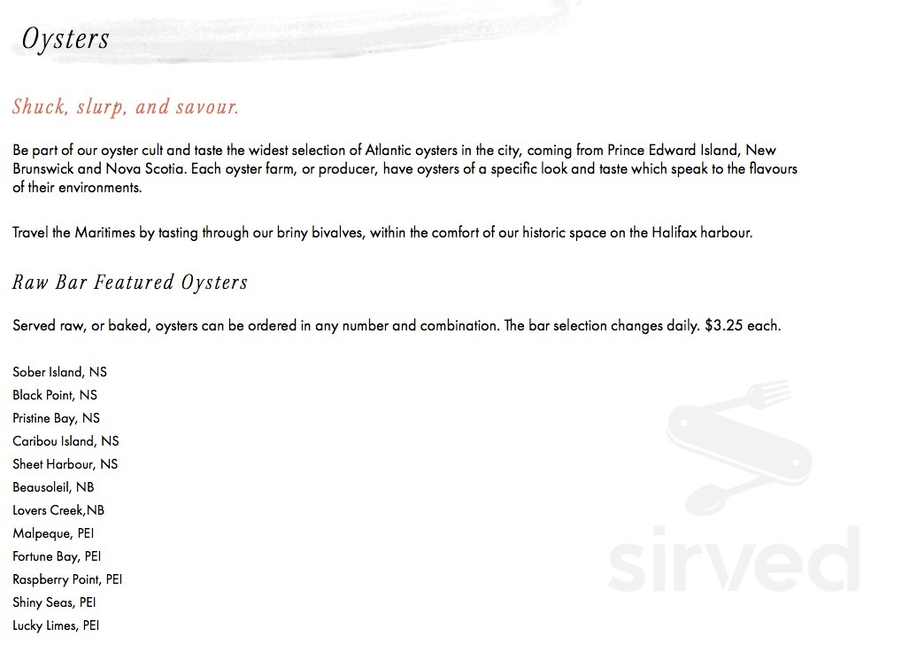 The Press Gang Restaurant and Oyster Bar menu in Halifax, Nova Scotia