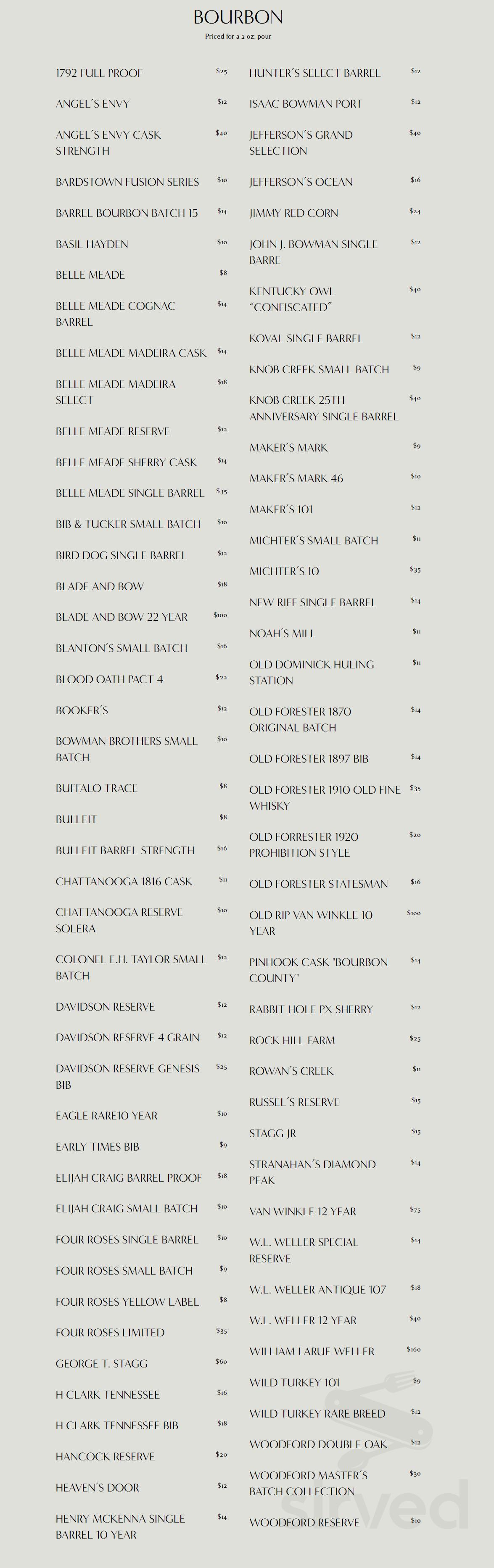 Cork & Cow menu in Franklin, Tennessee, USA