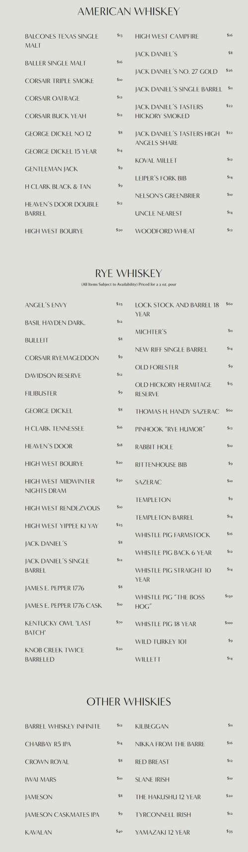 Cork & Cow menu in Franklin, Tennessee, USA