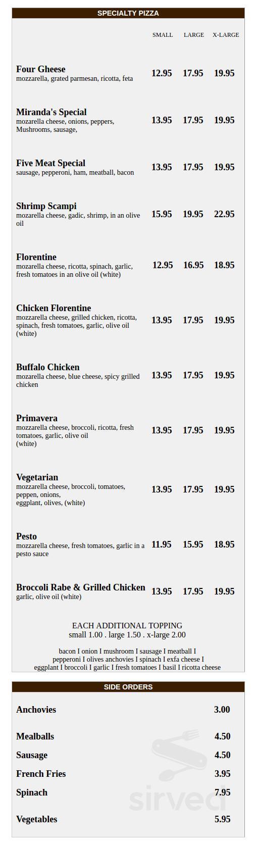 Miranda's Pizza & Restaurant menu in Southbury, Connecticut, USA