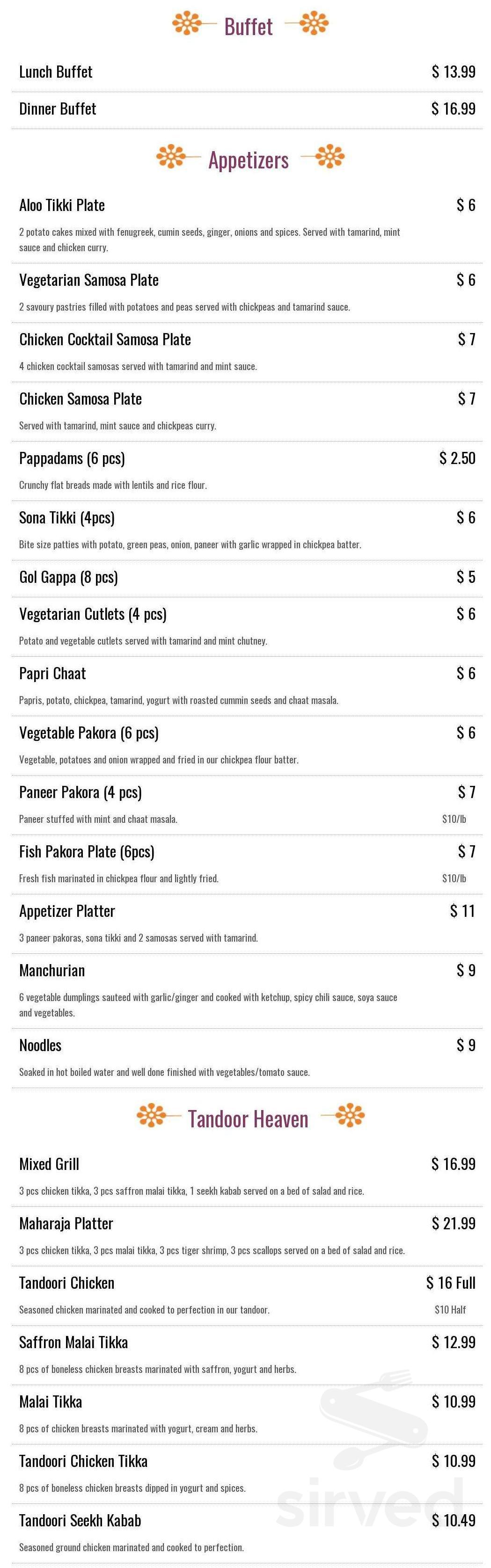 Tandoor House menu in Winnipeg, Manitoba, Canada