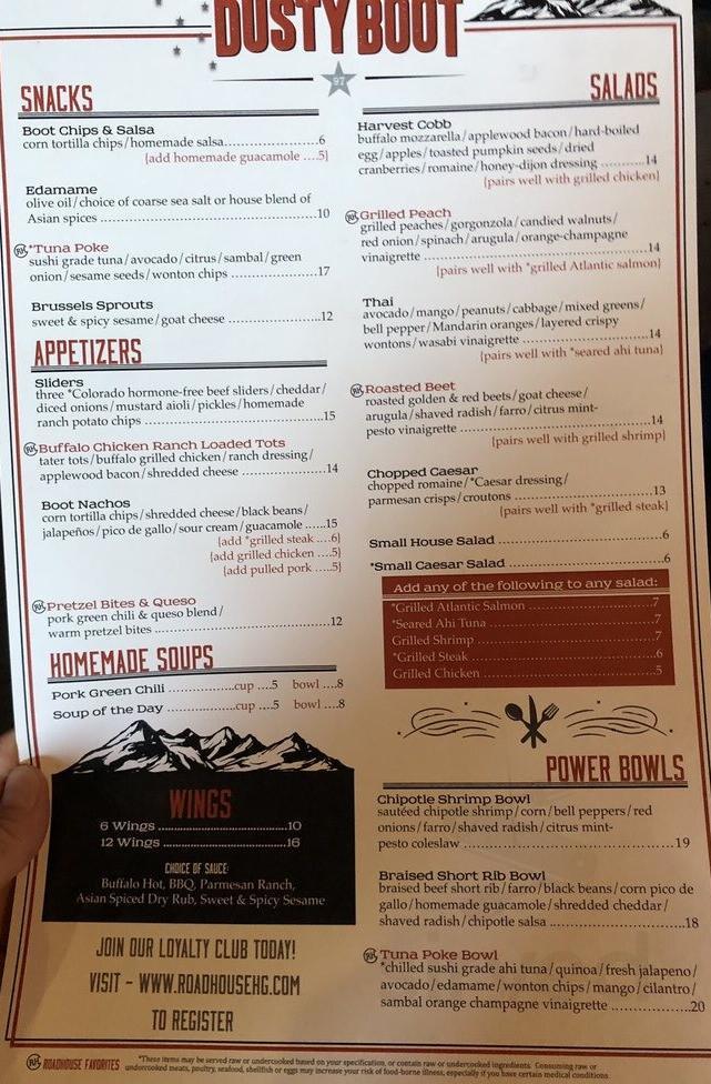 Dusty Boot Saloon menu in Avon, Colorado, USA