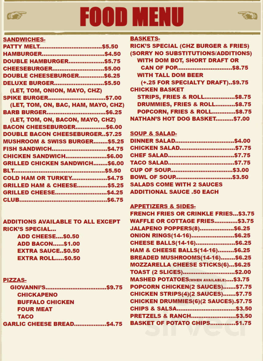 Menu for Rick's Bar in Fargo, ND | Sirved
