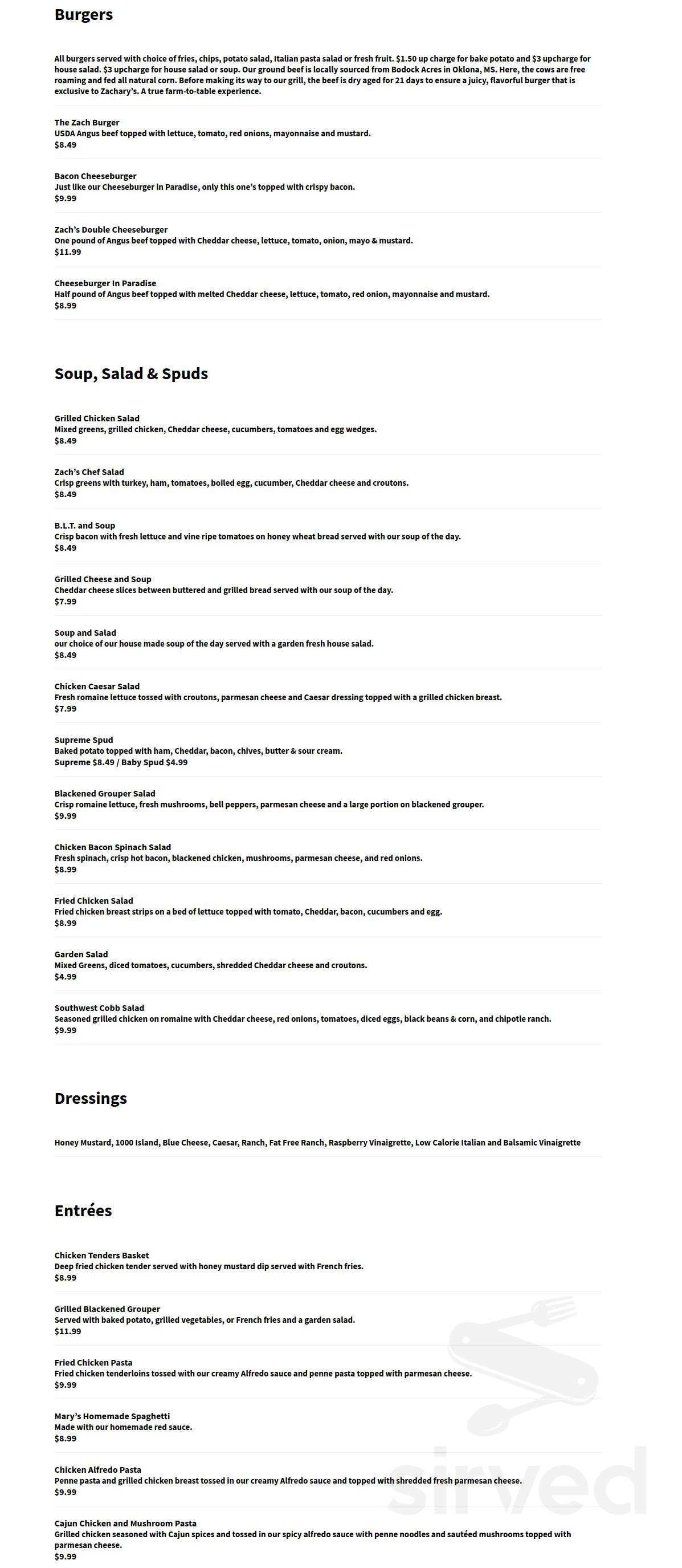 Menu - Columbus MS's Zachary's | Sirved