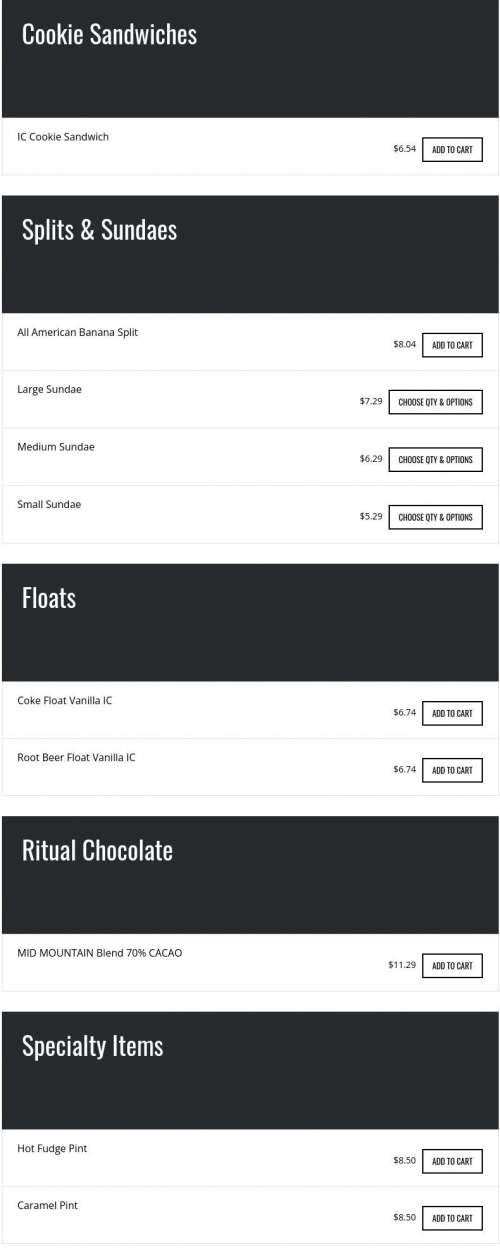 Glacier Ice Cream & Gelato menu in Castle Rock, Colorado, USA