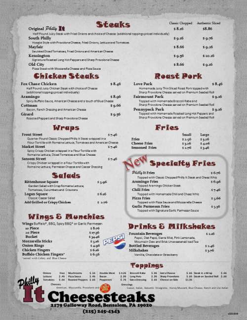 AJ's Cheesesteaks menu in Bensalem, Pennsylvania, USA