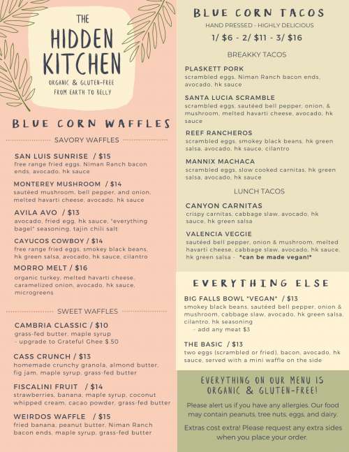 The Hidden Kitchen menu in Cayucos, California, USA