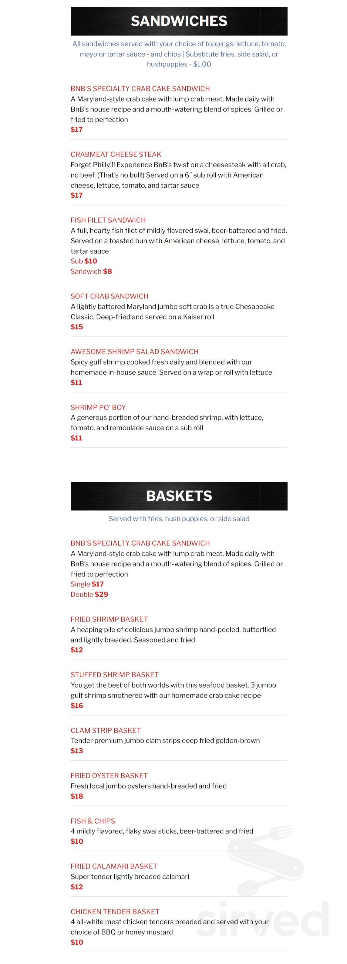 Menu for BnB Seafood in Elkton, MD | Sirved