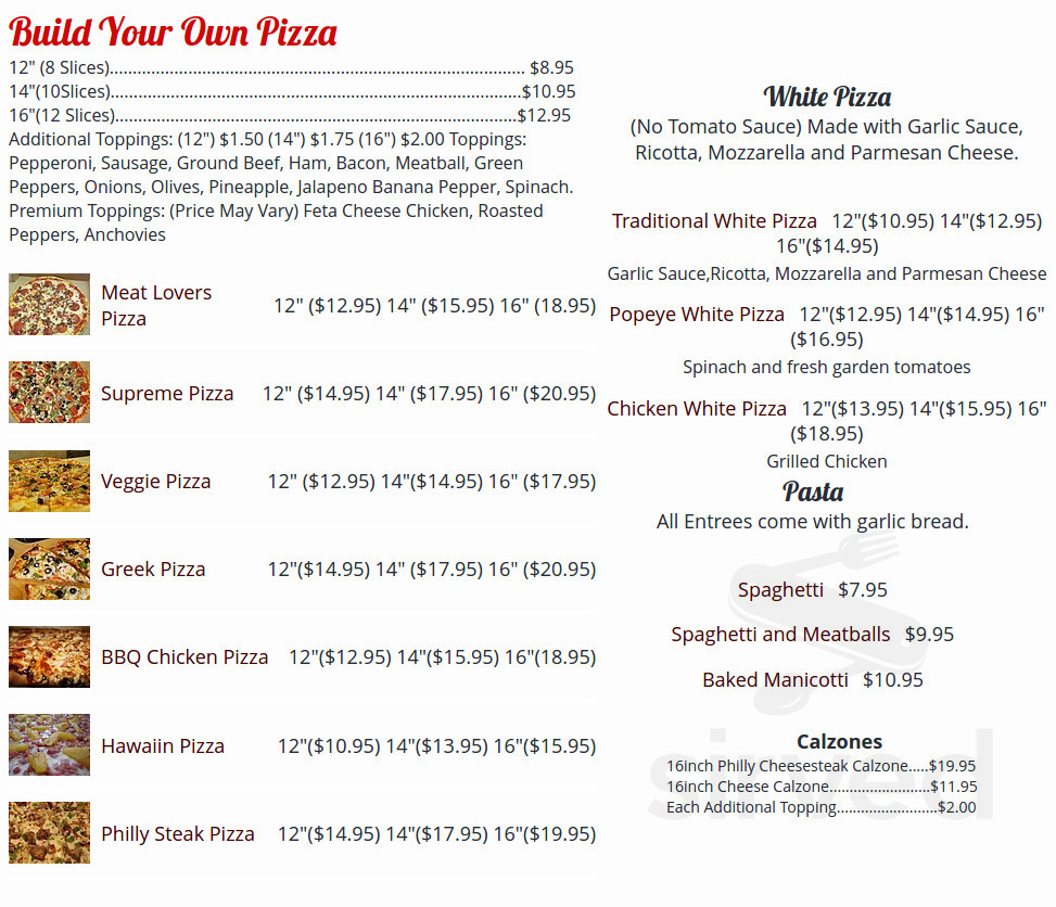 Famous Andy's Pizzeria menu in North Myrtle Beach, South Carolina, USA