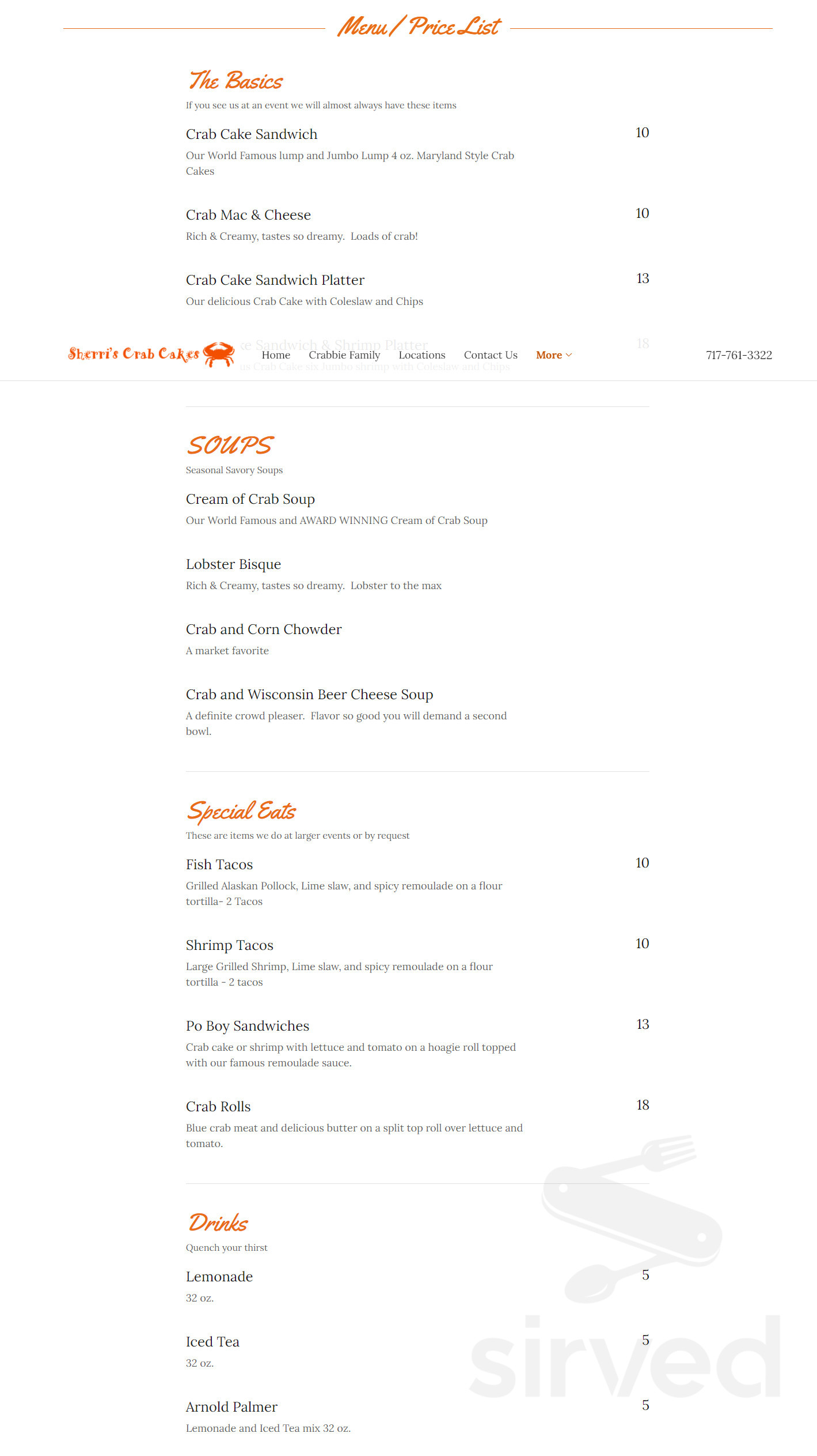 Sherri's Crab Cakes menu in Camp Hill, Pennsylvania