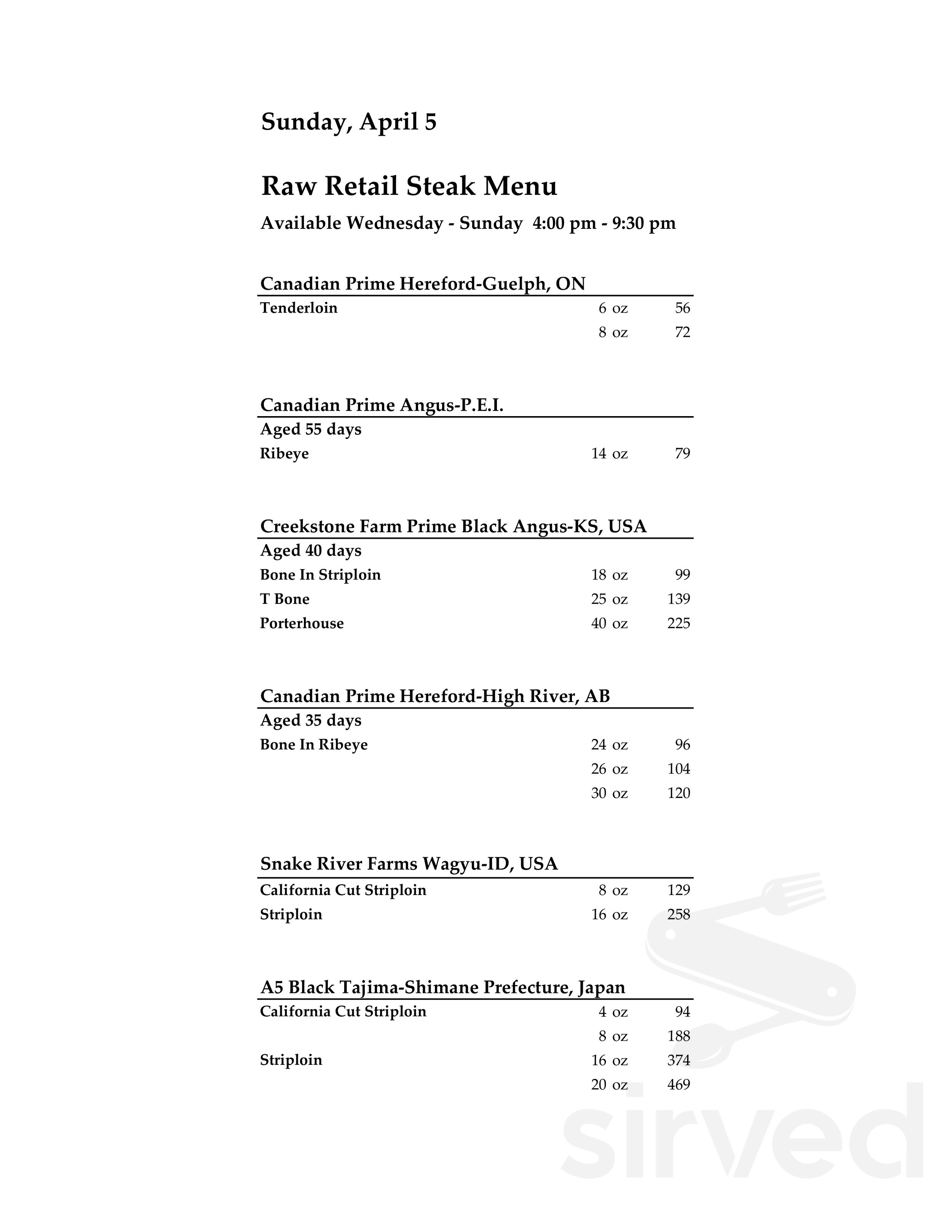 Jacobs & Co. Steakhouse menu in Toronto, Ontario