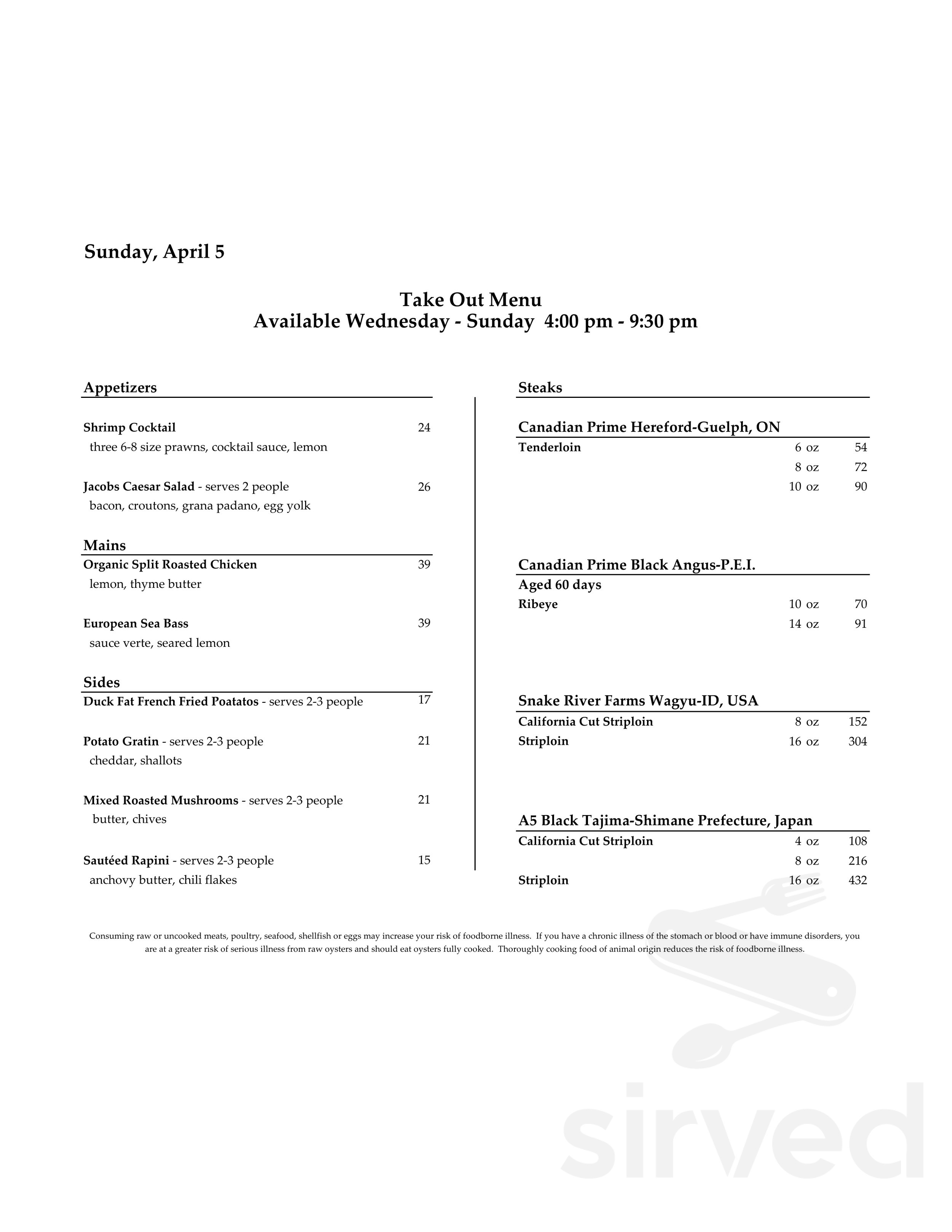 Jacobs & Co. Steakhouse take out menu in Toronto, Ontario