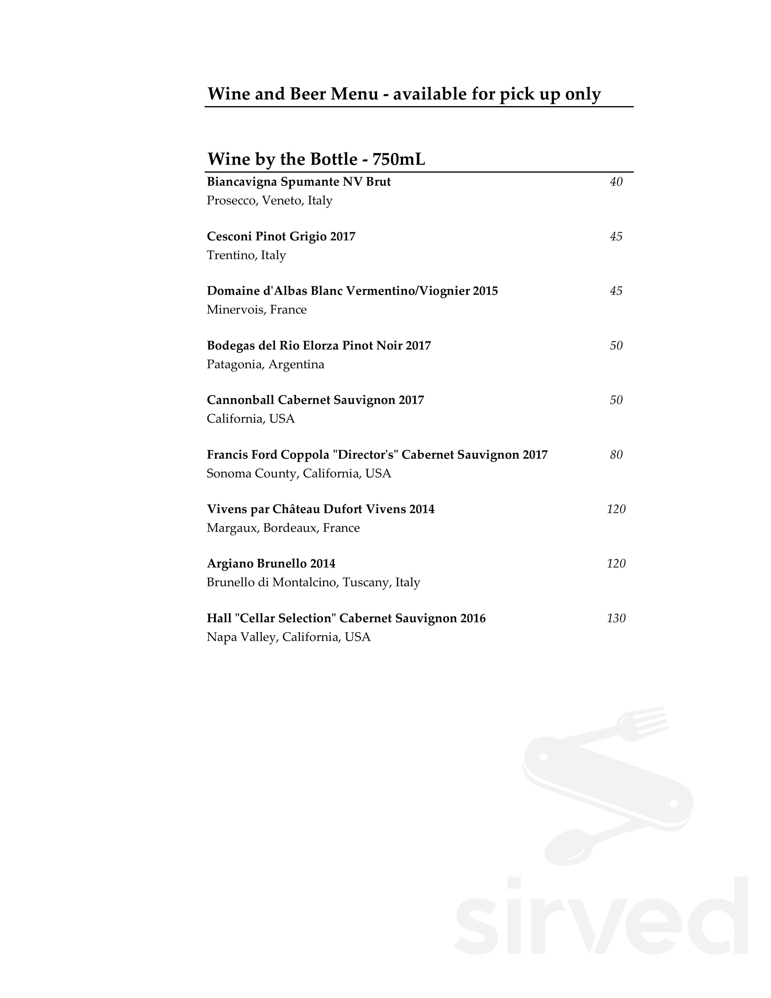Jacobs & Co. Steakhouse drink menu in Toronto, Ontario