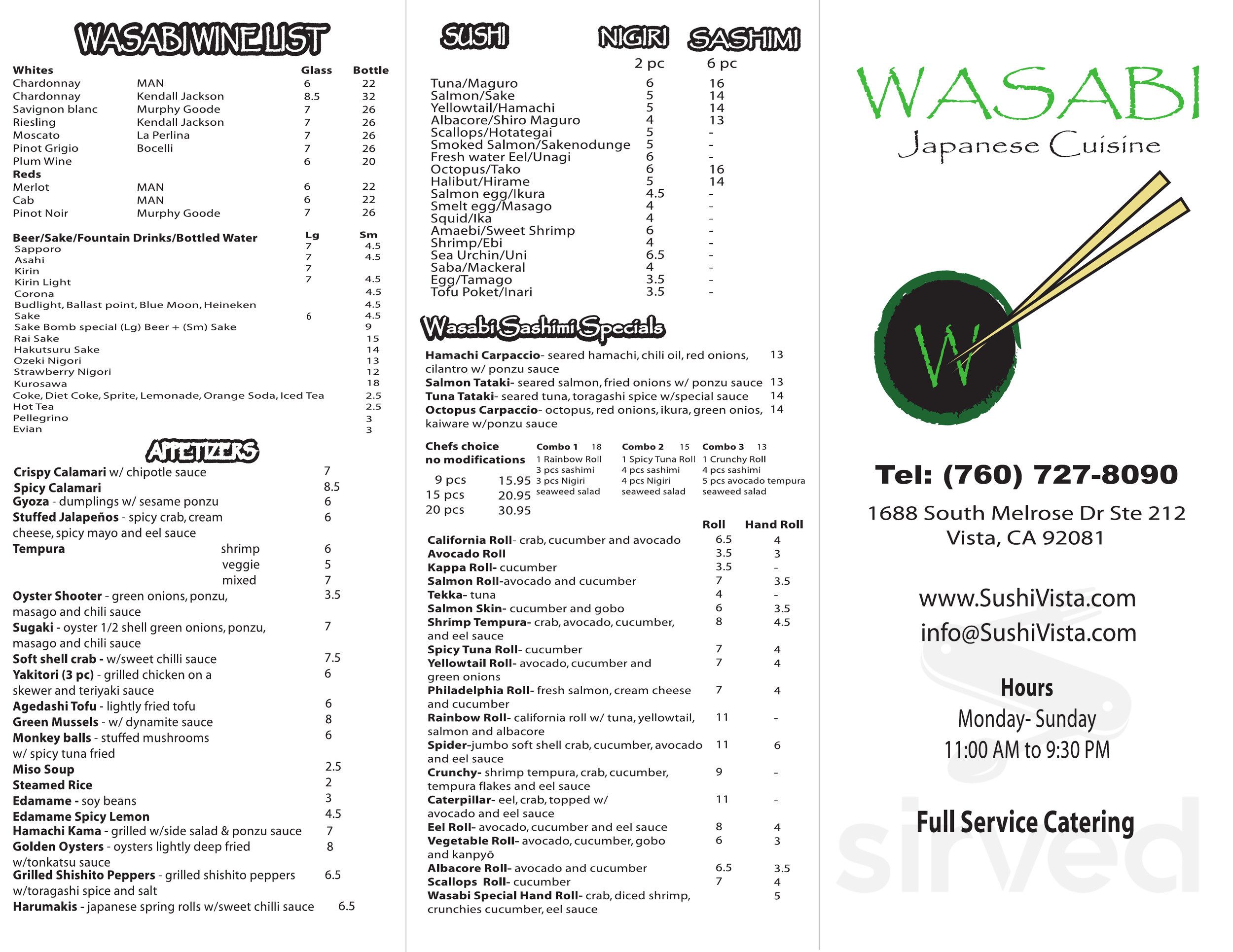 Wasabi Japanese Cuisine menu in Vista, California, USA